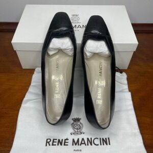 Rene Mancini Paris Black Leather Lizard Embossed Pointed Toe Pumps 34.5/4.5